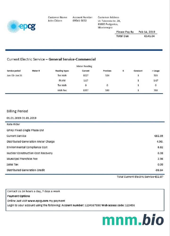 Czarnogóra Elektroprivreda Crne Gore (EPCG) szablon rachunku za energię elektryczną w formacie Word i PDF